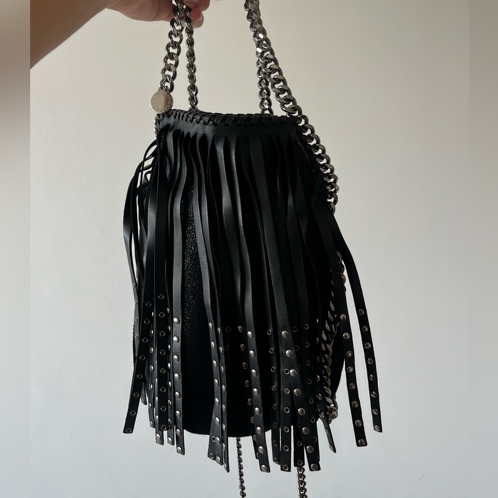 STELLA MCCARTNEY  Nappa Shaggy Deer Mini Falabella Studded Fringe Tote Black.